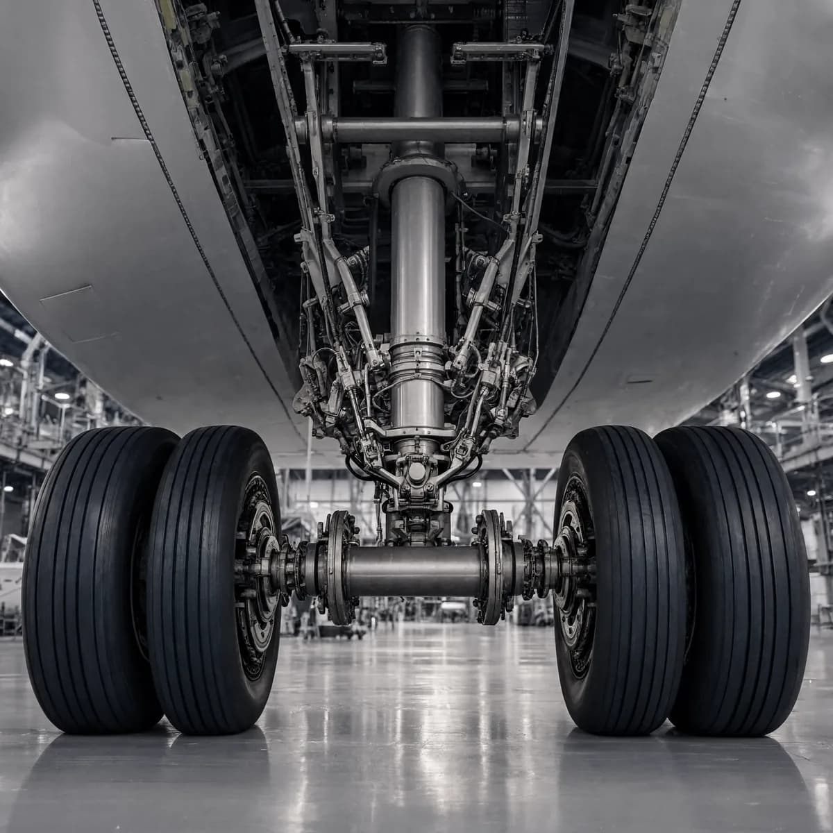 A wide-body main landing gear bogie seen from below, brake stacks and torque links visible.